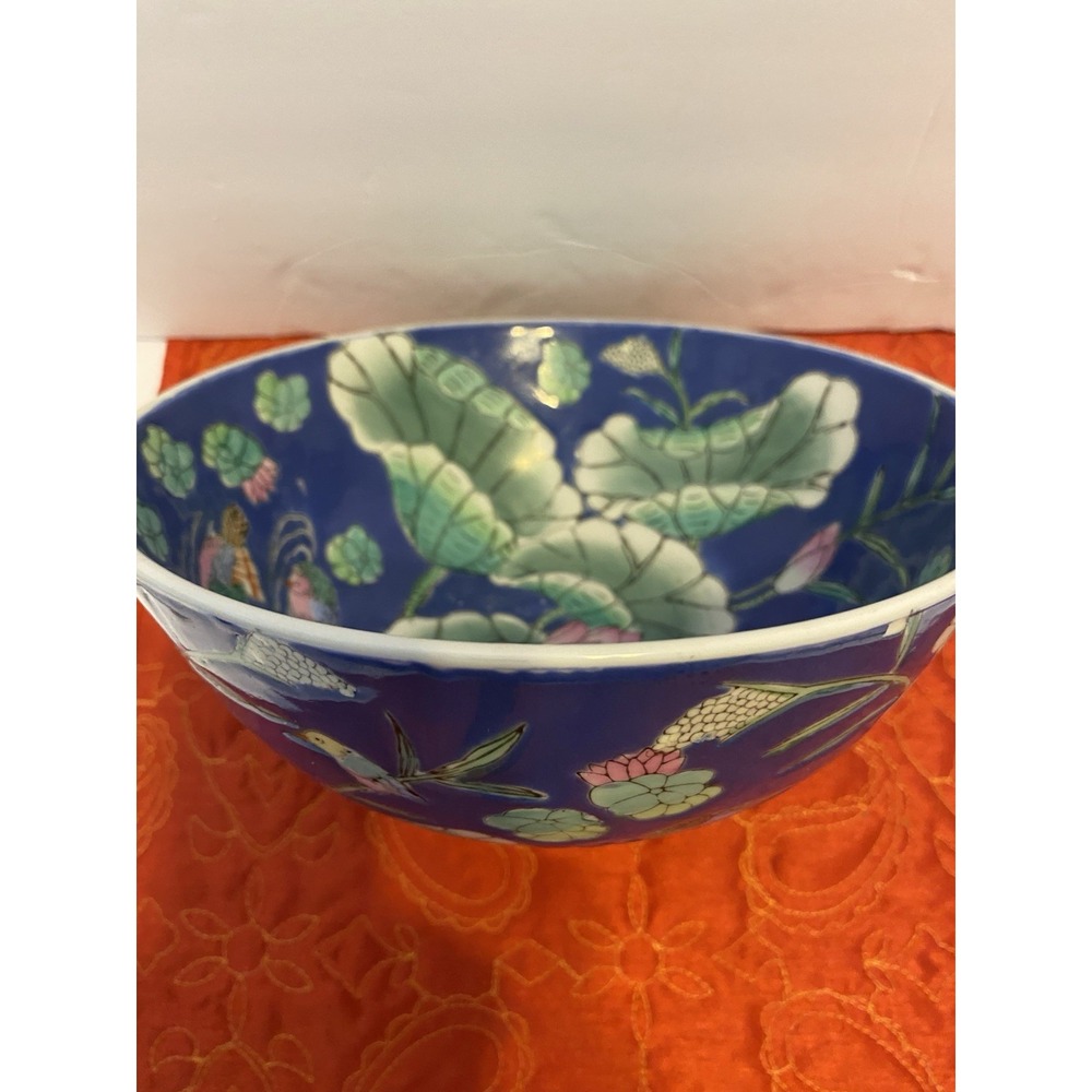 Chinese Bowl Blue Lily Pad Mandarin Birds Floral Pattern Porcelain~VINTAGE~1950s
